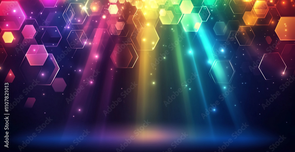 Aufkleber Colorful hexagonal lights illuminate a dark stage with vibrant patterns at a nighttime event