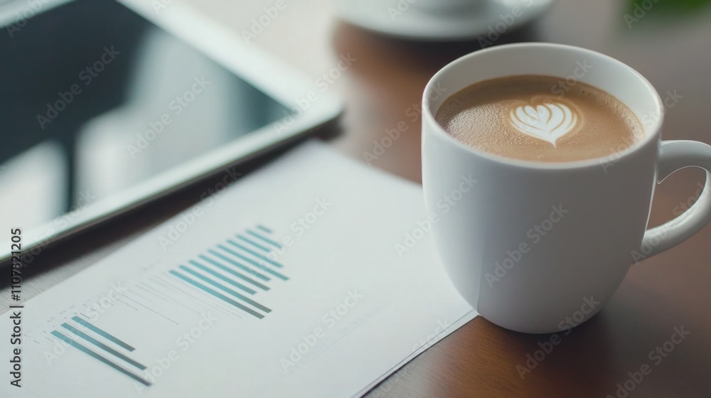 Poster a cup of coffee rests beside a tablet and a document with graphs, creating a cozy workspace atmosphe