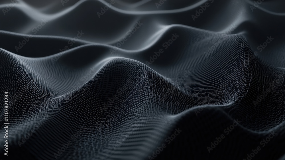 Poster abstract black wave patterns with intricate mesh texture creating a sense of depth and fluidity in a
