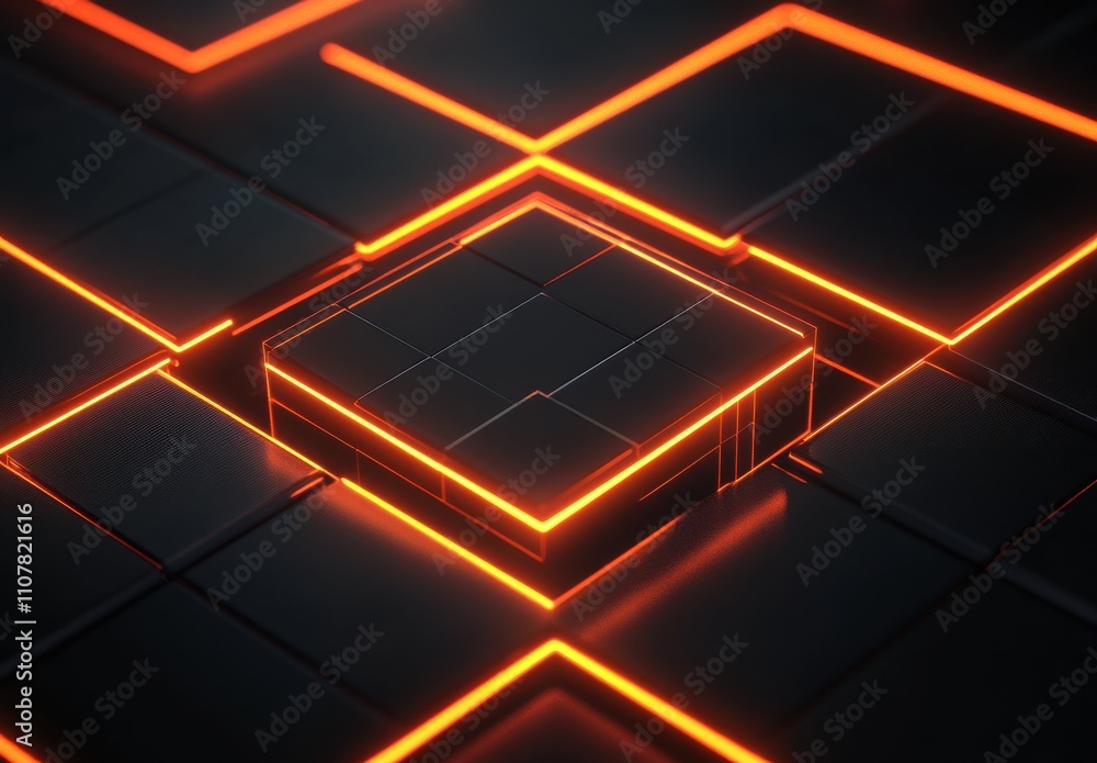 Aufkleber abstract digital art with neon orange lines and geometric patterns on dark background for modern tec