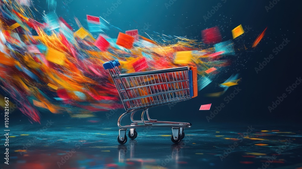 Poster a shopping cart with colorful abstract shapes and lines coming out of it.