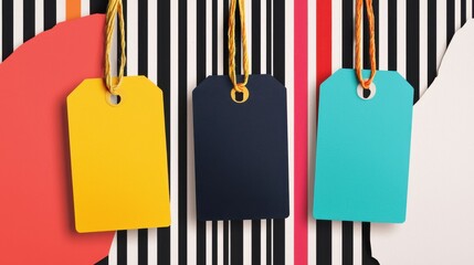 Colorful tags hanging against a striped background create a vibrant visual.
