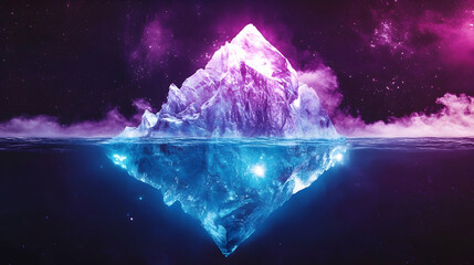Obraz premium Glowing iceberg at night, half submerged in dark water, against a vibrant purple and pink nebula.