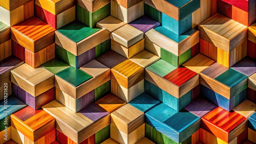 Poster A colorful abstract pattern of wooden blocks arranged in a complex geometric design, creating a mesmerizing optical illusion.