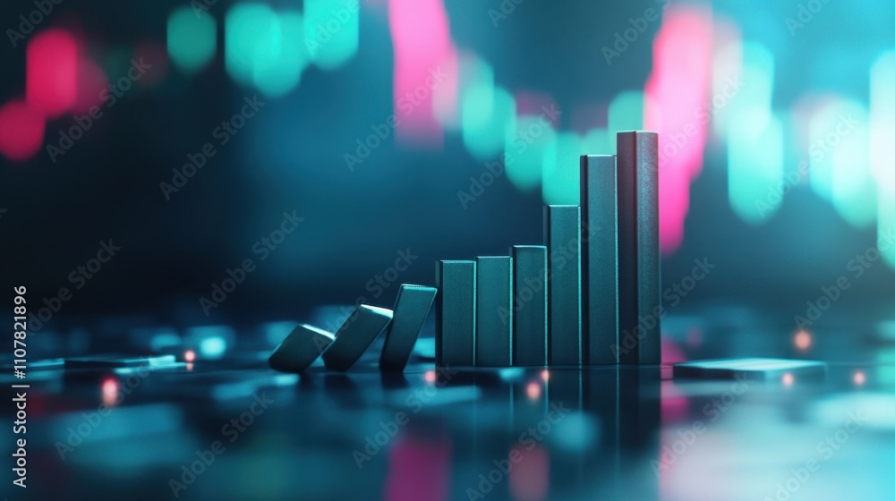 Poster a digital representation of financial data showing a series of vertical bars against a colorful back