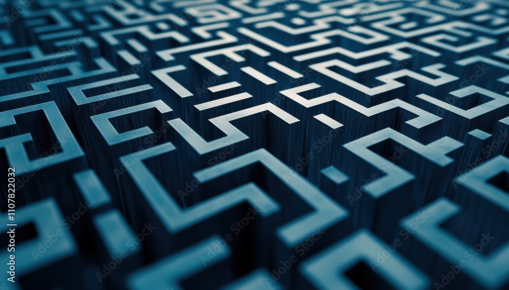 Poster abstract maze patterns in blue tone featuring intricate geometry and depth, perfect for backgrounds,