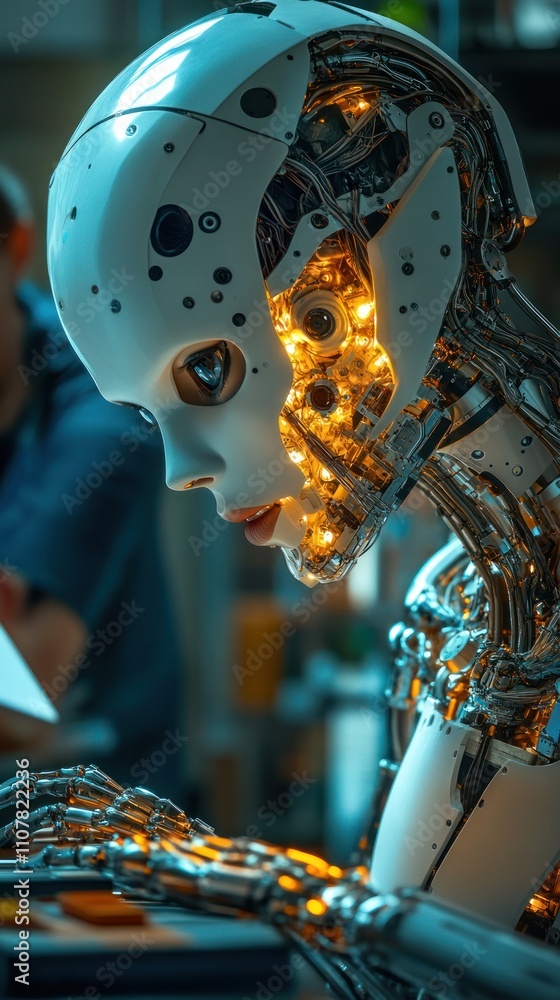 Aufkleber a humanoid robot with glowing internal circuitry works on a task.