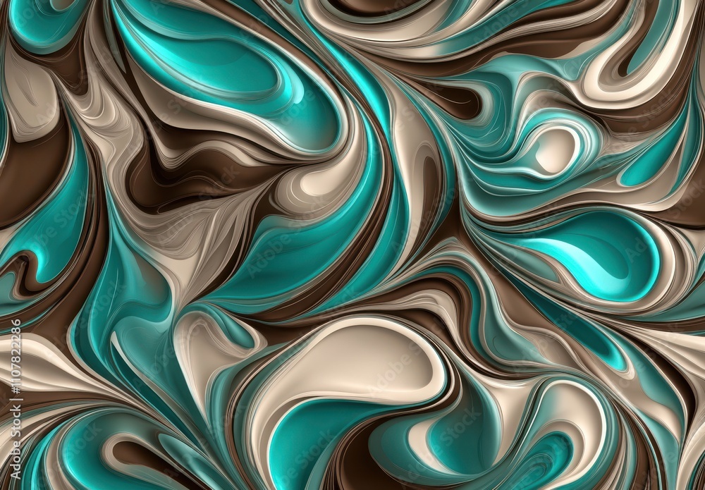 Poster abstract swirling patterns in turquoise, brown, and cream hues creating a colorful and dynamic fluid