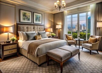 Obraz premium Indulge in a lavish hotel bedroom featuring refined décor, sumptuous bedding, and sophisticated design, creating the perfect atmosphere for an exceptional hospitality experience.