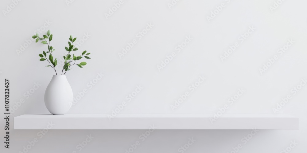 Poster a minimalist white shelf displays a simple vase with green leaves, creating a serene and modern aest