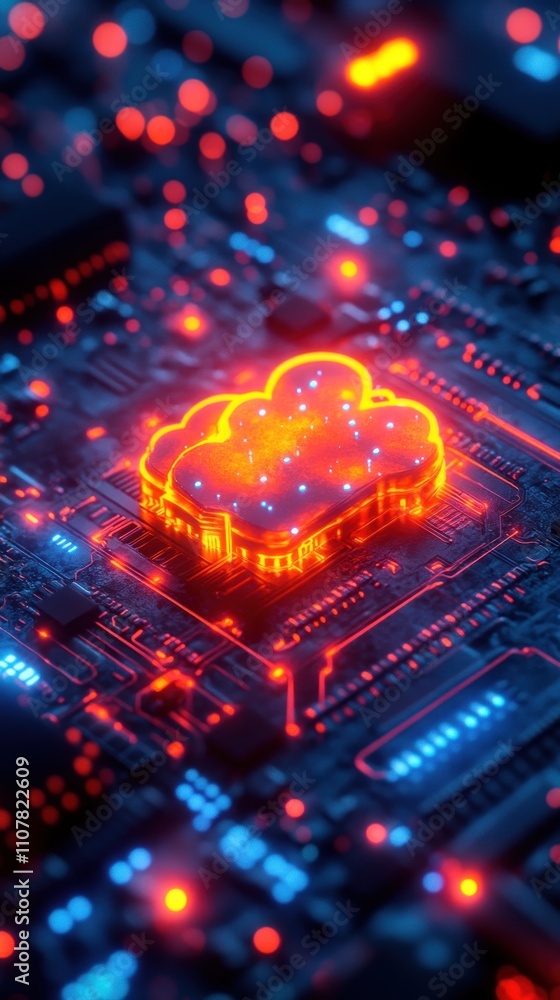 Poster glowing cloud computing symbol on a circuit board.