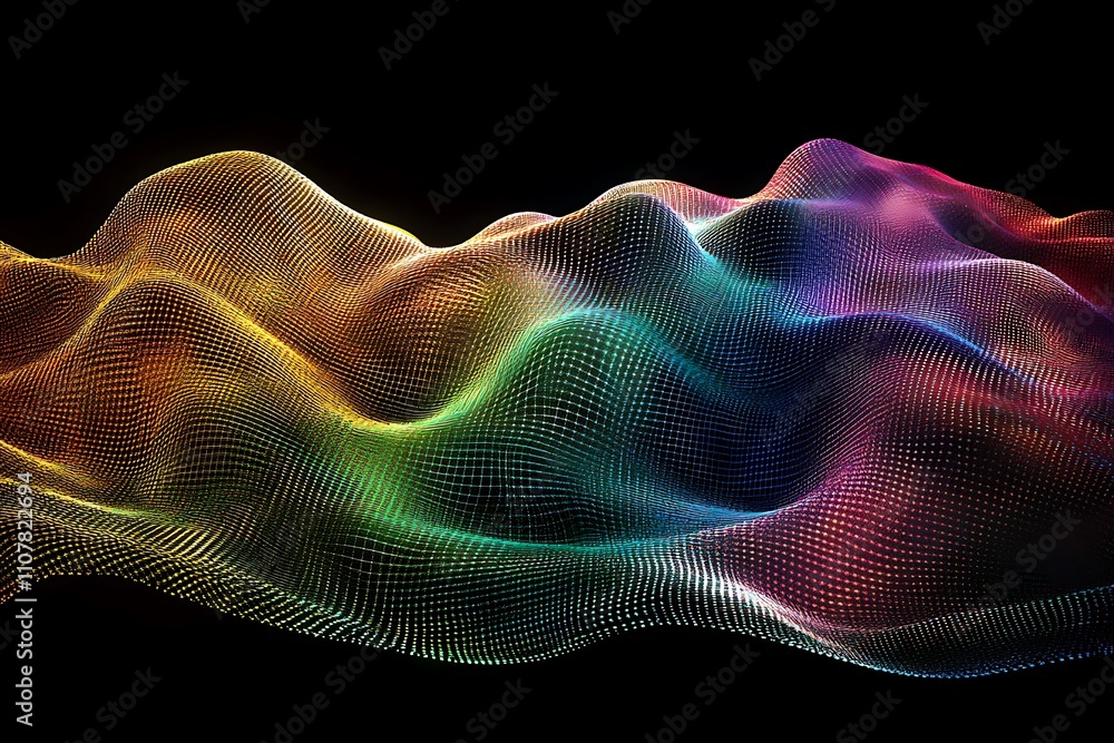 Poster abstract colorful wave of particles on black background.