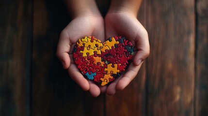 Child's hands gently cradling a colorful heart-shaped puzzle.