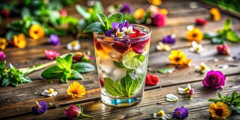 Fototapeta premium Indulge in a refreshing summer cocktail embellished with edible flowers and mint, served in an elegant glass, ideal for a charming wooden table setting.