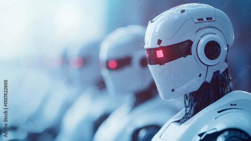 Poster a futuristic lineup of humanoid robots with glowing red eyes, showcasing advanced design and technol