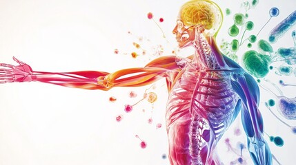 Fototapeta premium An artistic visualization of the human musculoskeletal system with intricate, colorful illustrations of bones and muscles, set against a sleek