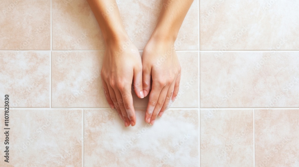 Poster a pair of hands placed on a light-colored tiled surface, emphasizing cleanliness and texture in a se