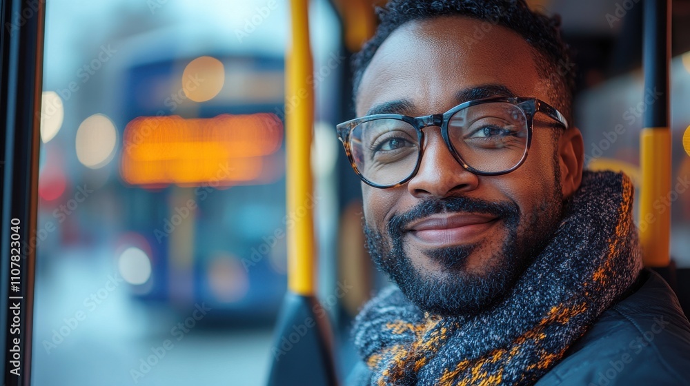 Poster bus driver smiling and glancing at the camera behind the whee
