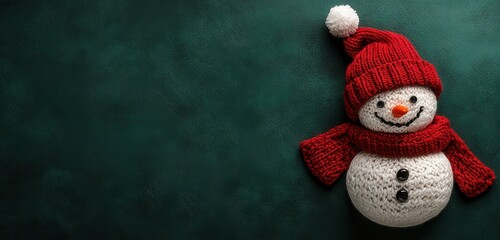 Fototapeta premium A simple, minimalistic dark green background showcases a cute knitted snowman wearing a red hat, smiling. 
