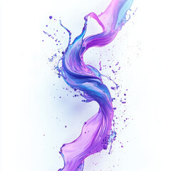 Colorful liquid swirl with splashes on pristine white background, showcasing vibrant shades of purple and blue, creating dynamic and artistic visual effect