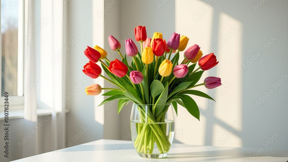 Poster a vase of tulips sits on a table in a room with a window