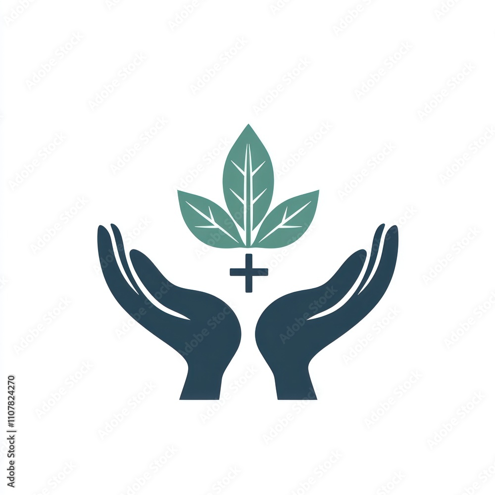 Poster here's a and keyword list for your image.. hands gently cradling leaves and a cross, symbolizing hea