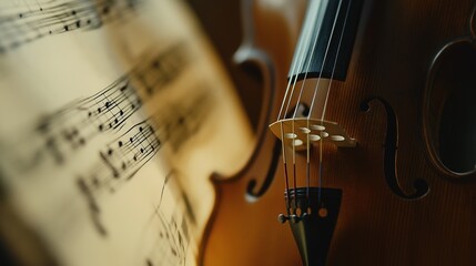 Naklejka premium Wooden violin part on music notes background