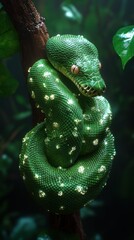 Fototapeta premium A green tree python with white spots wraps around a branch in a rainforest.