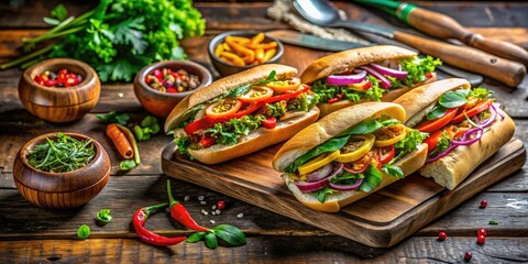 Fototapeta premium Indulge in the vibrant flavors of Vietnamese street food with Banh Mi sandwiches, combining fresh herbs, pickled veggies, and savory fillings on a rustic serving board.