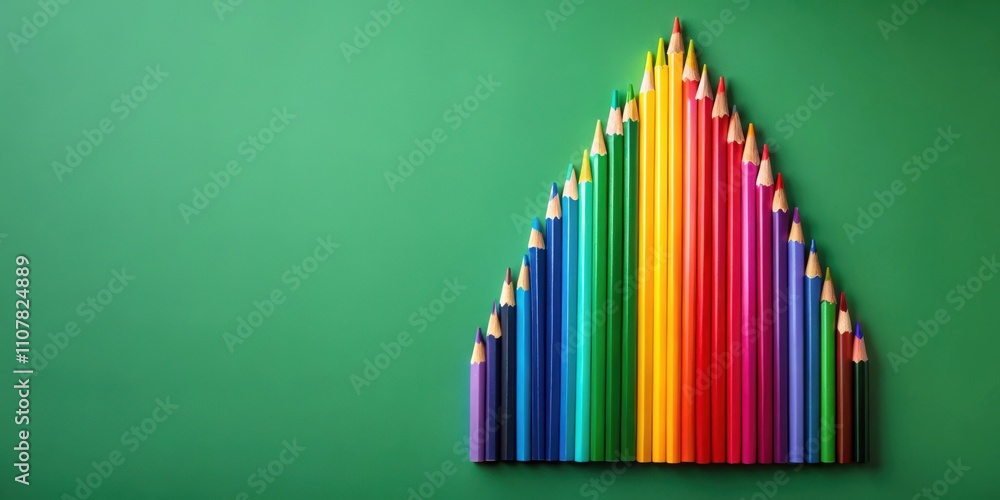Poster A rainbow of sharpened colored pencils arranged in a triangular pattern on a green surface