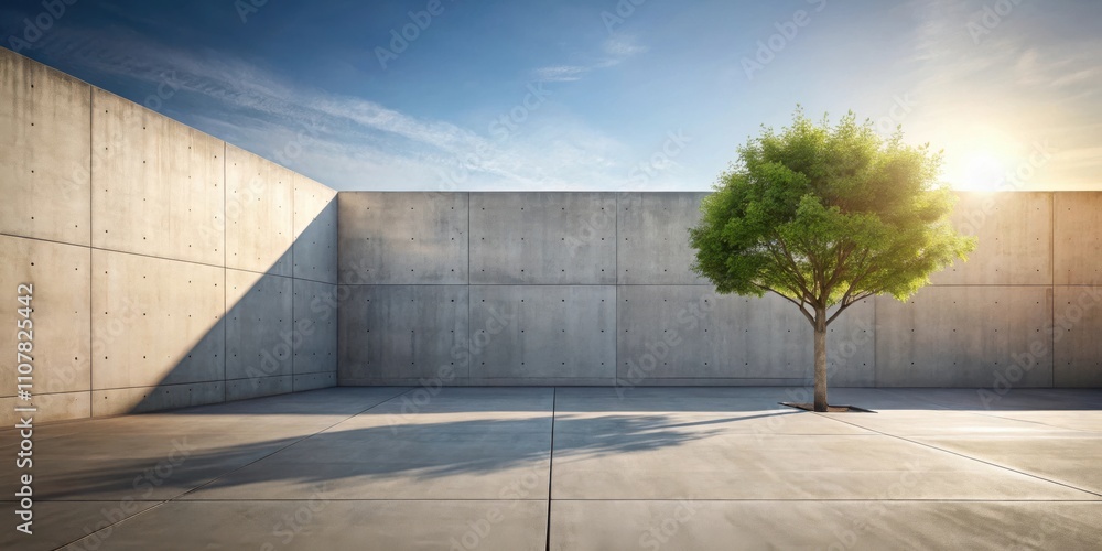 Aufkleber a solitary tree stands tall against a backdrop of concrete walls, casting a long shadow on the empty
