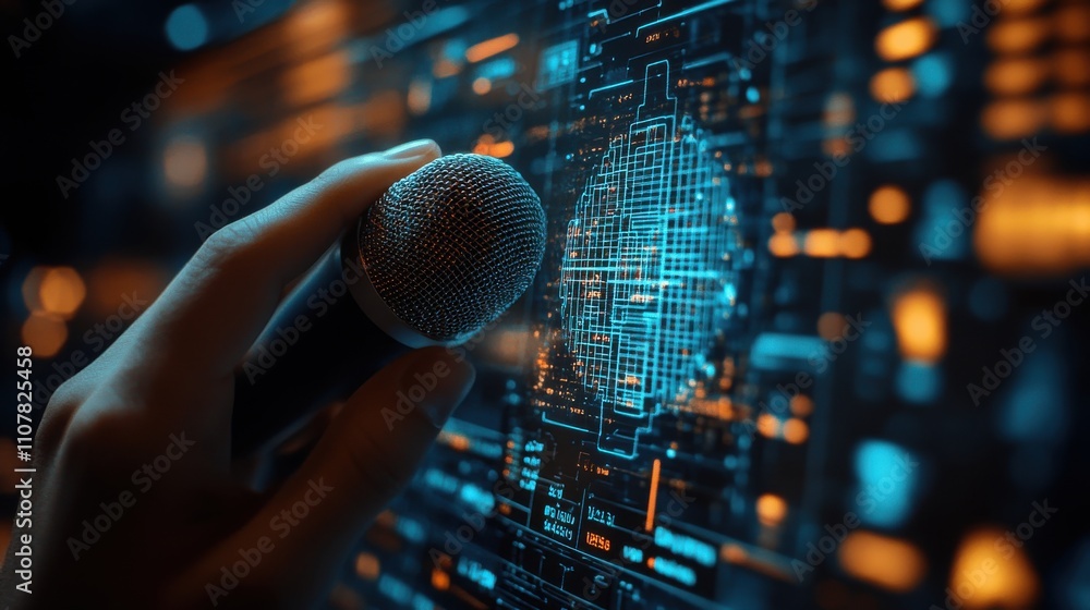 Poster business people hand touch the microphone button on virtual screen blog speak talk advertising prese