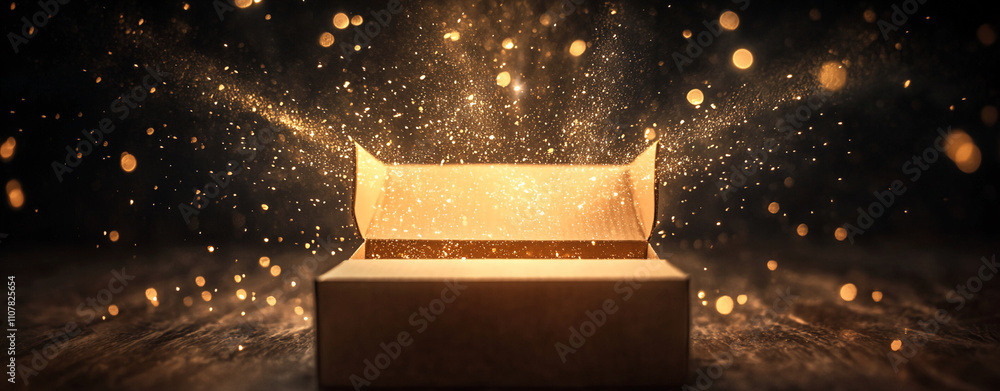 Aufkleber Mystical box releasing a glowing swirl of golden particles in a dark setting with scattered lights