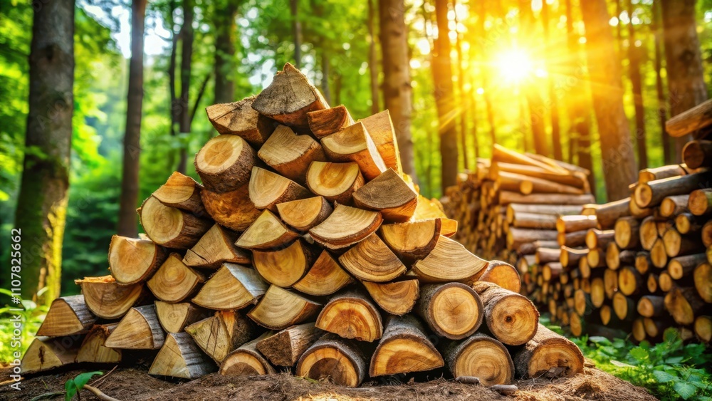 Aufkleber A neatly stacked pile of firewood in a forest with the golden rays of the setting sun shining through the trees