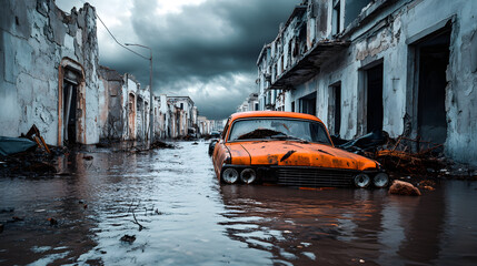 Obraz premium Flooded urban street with abandoned orange car and damaged buildings