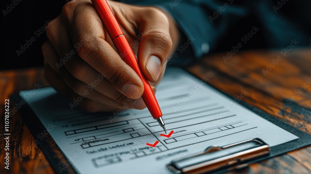 Poster businessman checking mark on checklist with a red checkmark online checklist survey filling out digi