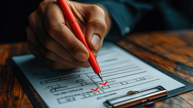businessman checking mark on checklist with a red checkmark online checklist survey filling out digital form checklist take an assessment questionnaire evaluation online survey online exa