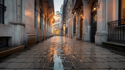 Fototapeta premium Rainy Alleyway in Old European City with Glowing Streetlights Reflections