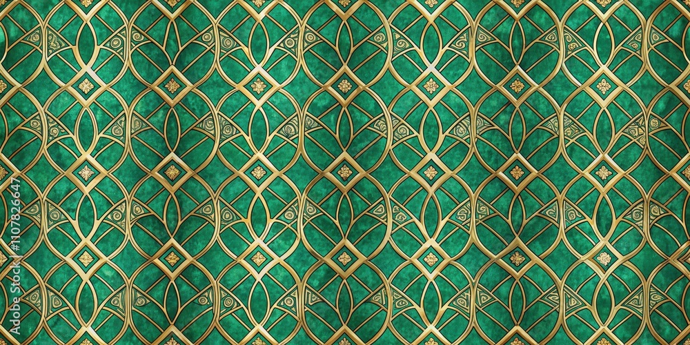 Poster ornate green and gold geometric pattern with intricate details and textural elements