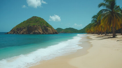 Fototapeta premium serene tropical beach with soft sand, clear turquoise water, and swaying palm trees creates perfect getaway. gentle waves lap at shore, inviting relaxation