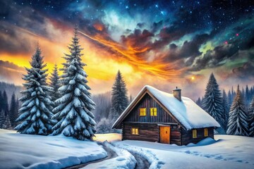 Fototapeta premium Isolated cabin nestled in a snowy forest, ominous warning sign, dark skies above, watercolor effect creating a tranquil winter landscape, perfect for wilderness adventures and serene retreats.