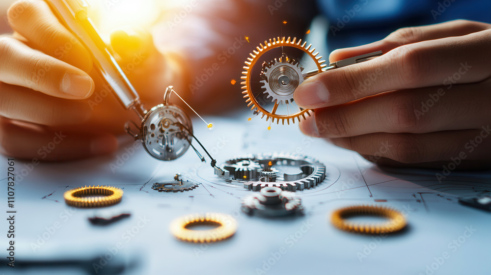 Poster close up of hands assembling mechanical gears with precision tools, showcasing intricate details and