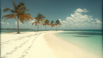 Obraz premium Tropical sandy ocean beach with palm trees under vintage tone sky, creating serene and picturesque landscape