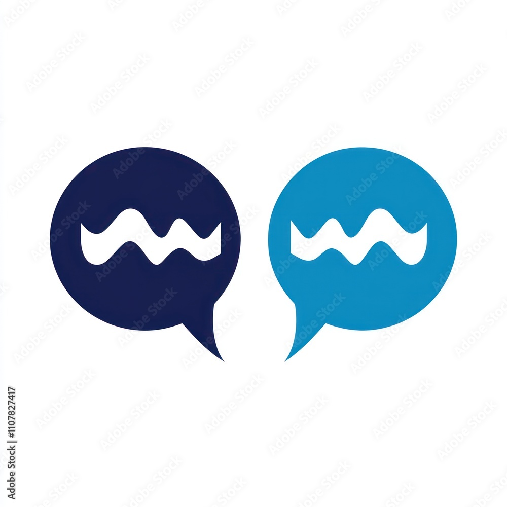 Poster here's a description and keywords for your image.. two speech bubbles, navy and teal, contain a wavy