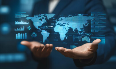Fototapeta premium Global network data visualization, futuristic technology concept. Businessperson's hands presenting a holographic world map with data analytics charts and graphs.