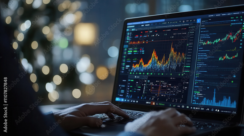 Aufkleber person analyzing financial data on laptop with colorful graphs and charts, showcasing market trends 