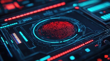 Obraz premium A close-up of a digital fingerprint scanner, illuminated in red and blue, showcasing technology and security themes.