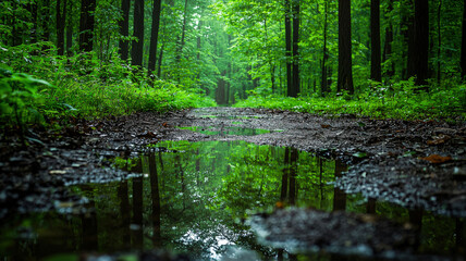 Obraz premium A lush forest trail after rain, featuring water droplets on leaves and soft puddles that reflect the vibrant greenery above
