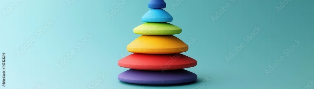 Poster a colorful stacking toy made of smooth, rounded shapes arranged in a pyramid on a light blue backgro