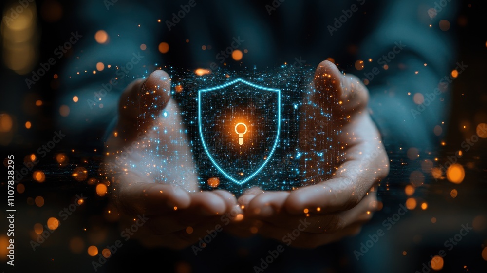 Poster businessman hand showing shield icon with lock sign computer password protection concept internet ne